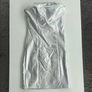 Fashion Nova Silver Metallic Strapless Bodycon Dress
